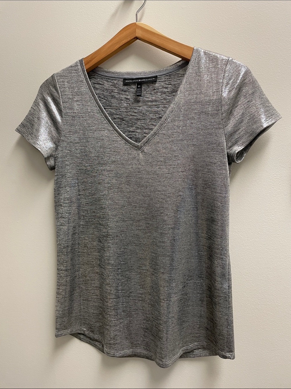 White House Black Market Silver V-Neck Short Sleeve Tee